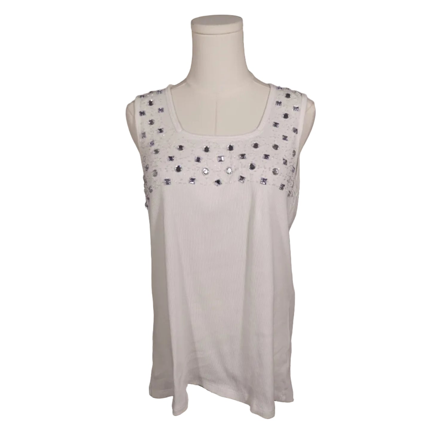Kikit White Rhinestone Embellished Ribbed Tank Top-XL
