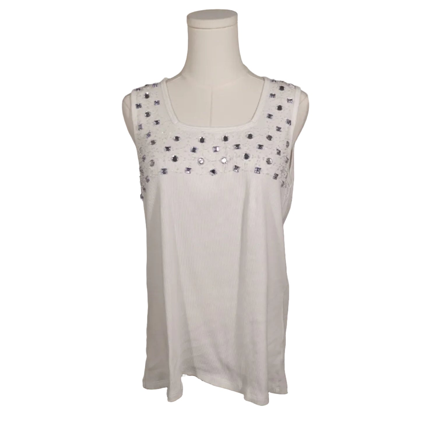 Kikit White Rhinestone Embellished Ribbed Tank Top-XL