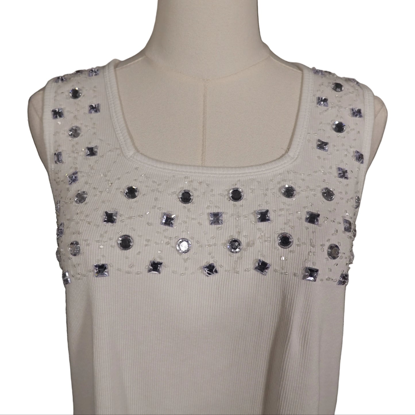 Kikit White Rhinestone Embellished Ribbed Tank Top-XL