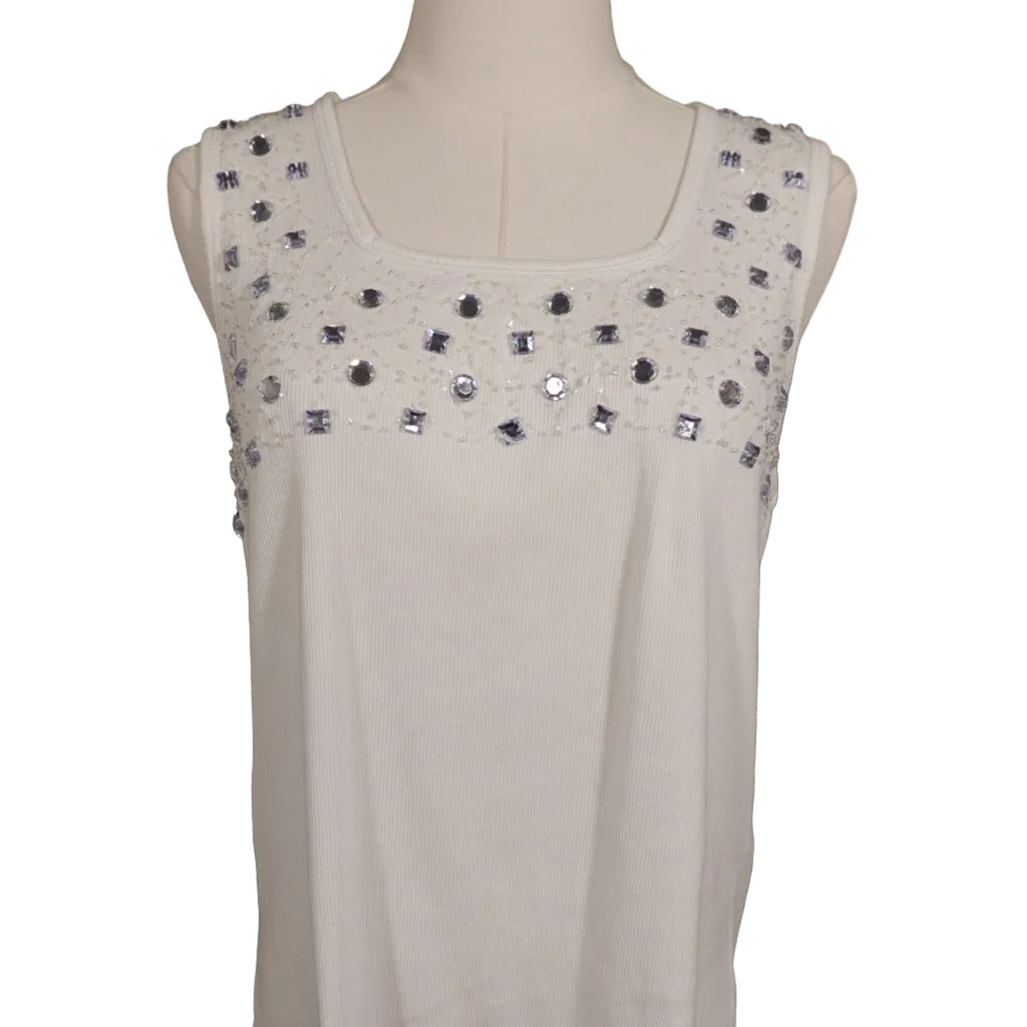 Kikit White Rhinestone Embellished Ribbed Tank Top-XL