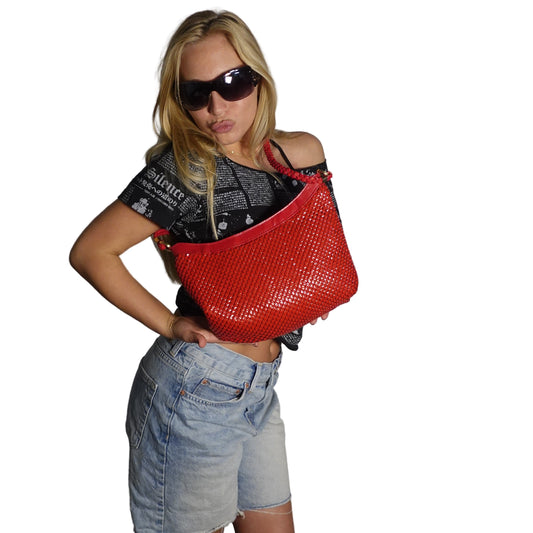 Vintage Red Metal Mesh Shoulder Bag