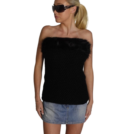 Black Fur & Knitted Strapless Top