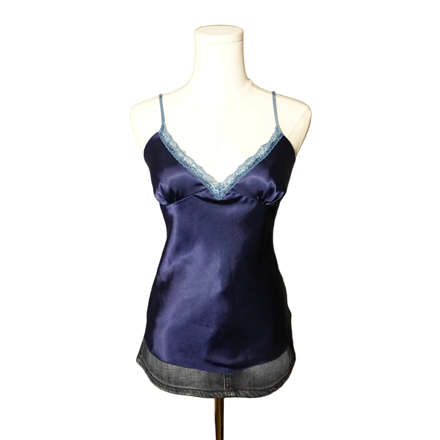 Navy Satin Lace Trim Cami Top-S