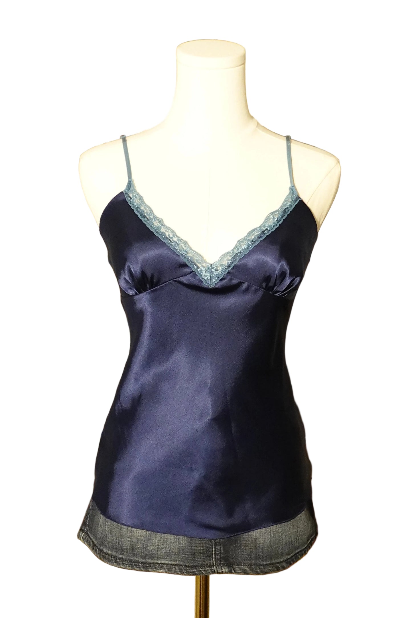 Navy Satin Lace Trim Cami Top-S