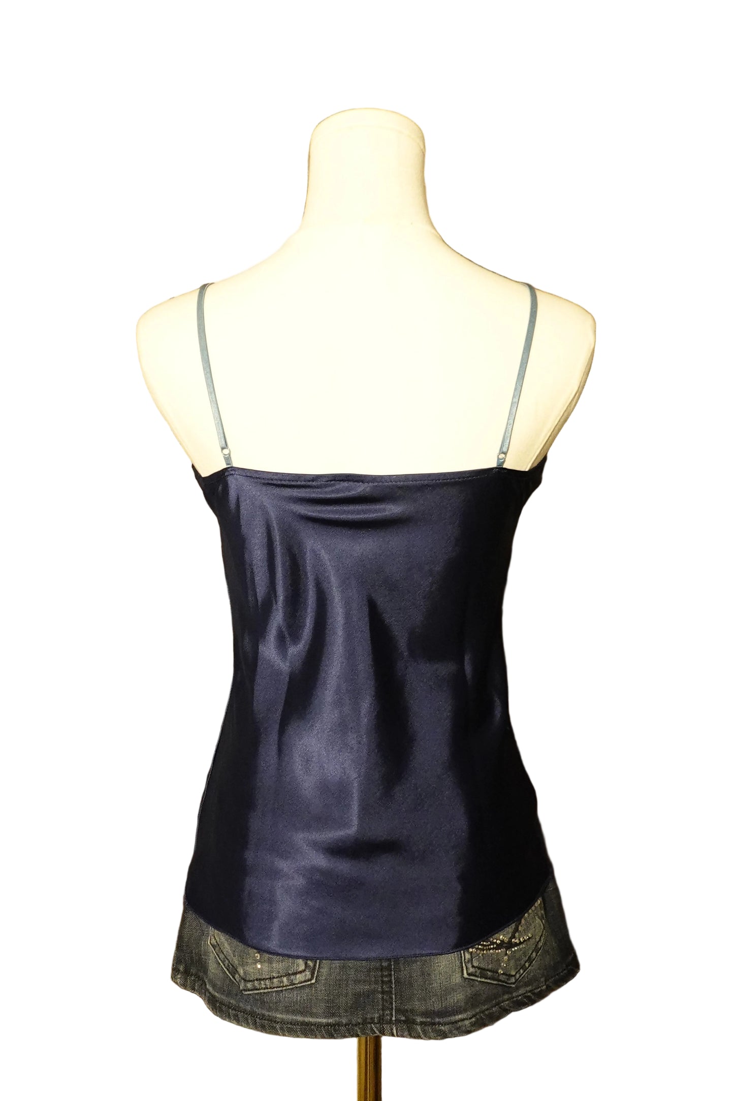 Navy Satin Lace Trim Cami Top-S