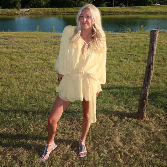 Crinkle Chiffon Shoulder Pad Ruffle Mini Dress