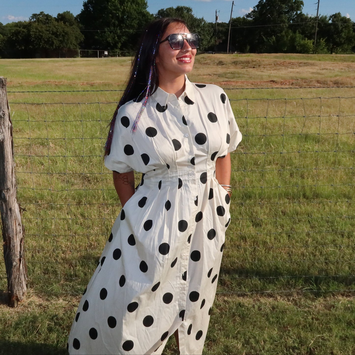 Polka Dot Pintuck Midi Dress