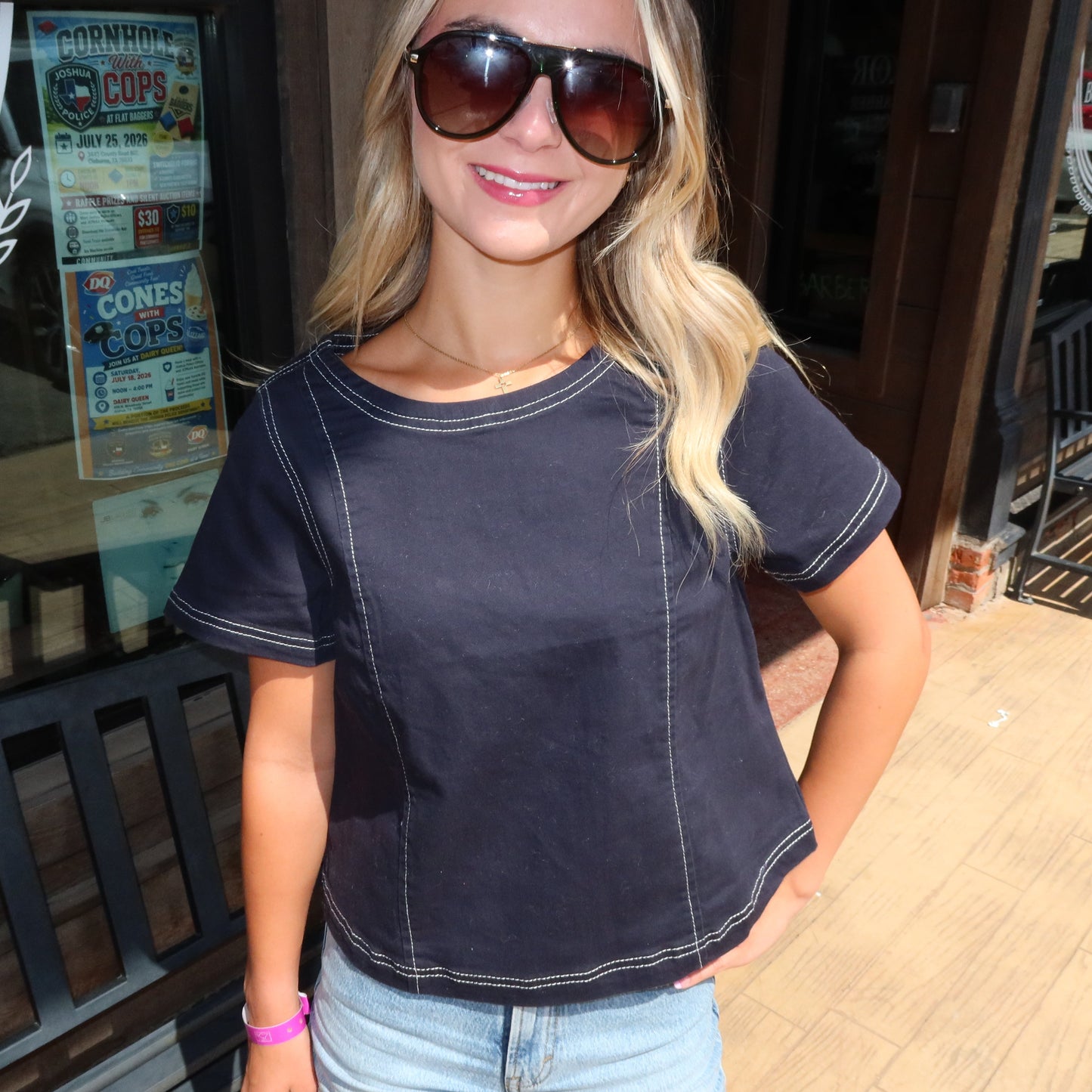 Navy Boat Neck Cotton Top