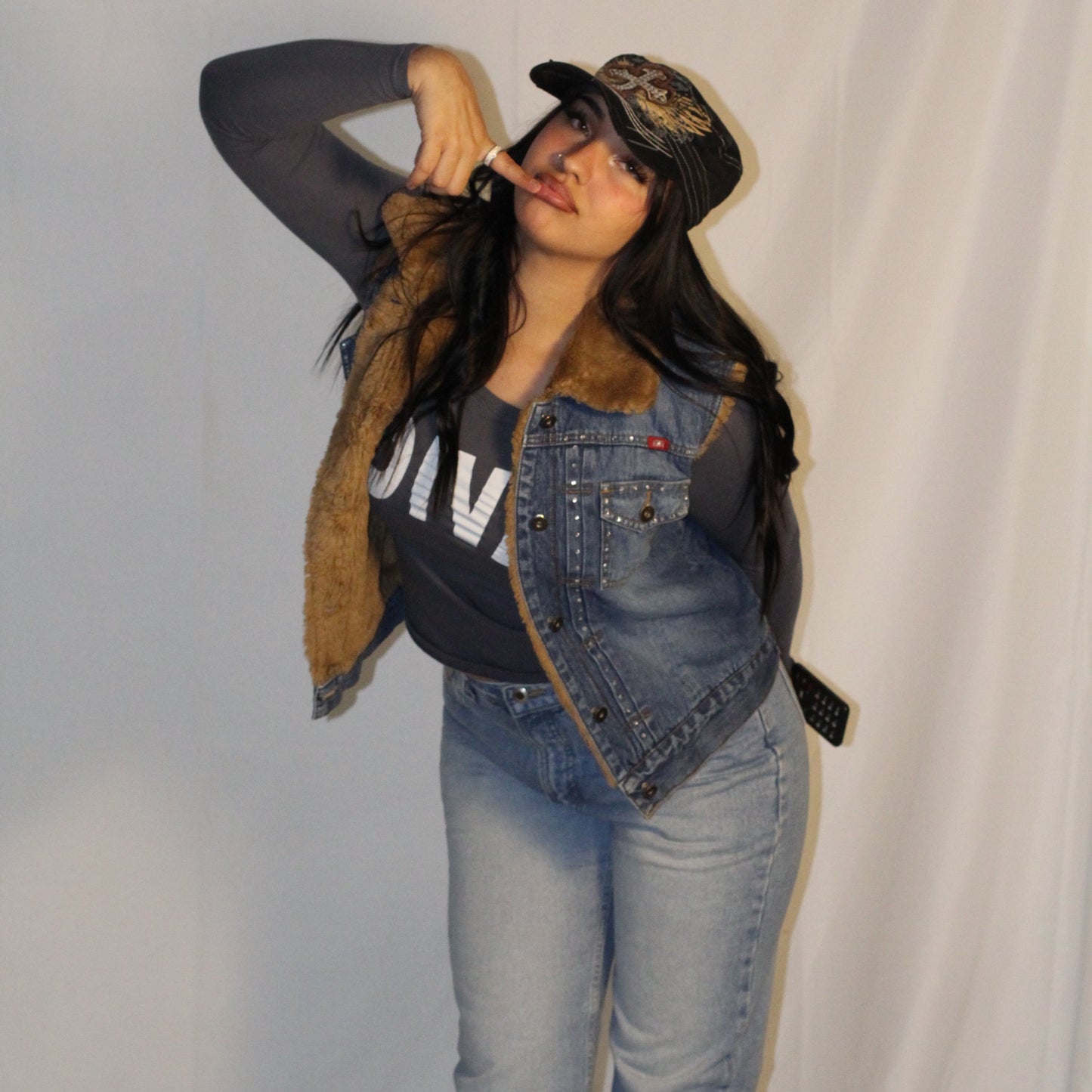 Aziza Jeans Studded Sherpa-Lined Denim Vest