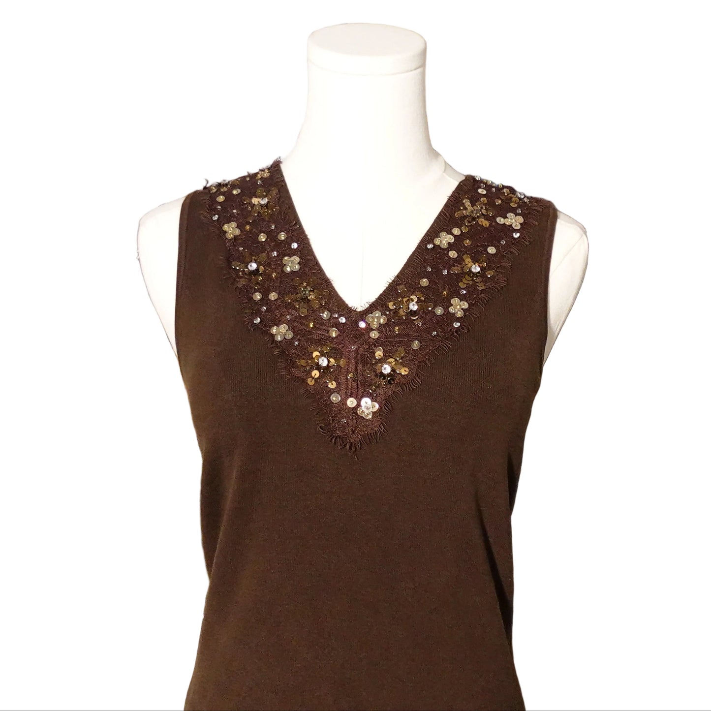 Brown Beaded V-Neck Knit Top (S)
