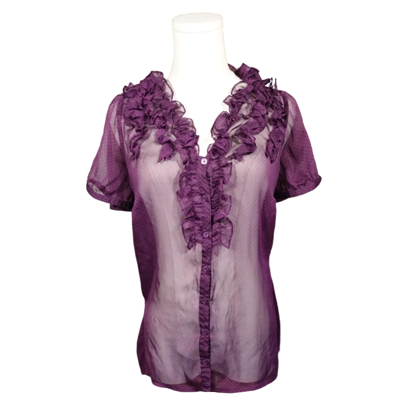 Sheer Plum Ruffle Polka Dot Blouse-M