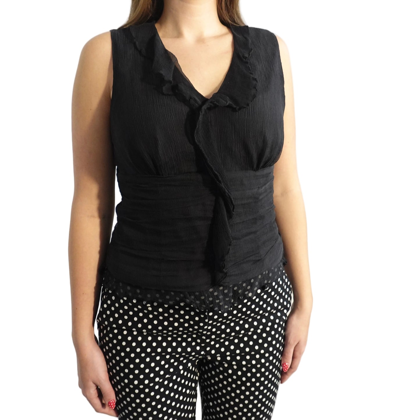 WDNY Black 100% Silk Ruffle Hem Top