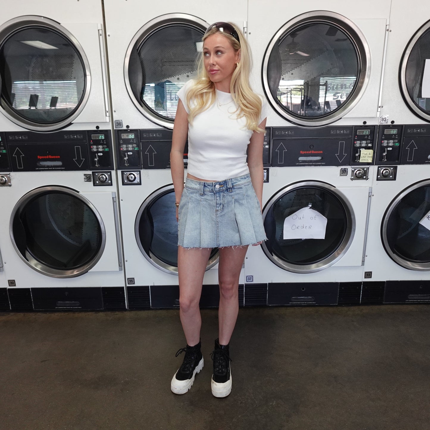 Light Wash Pleated Denim Mini Skirt