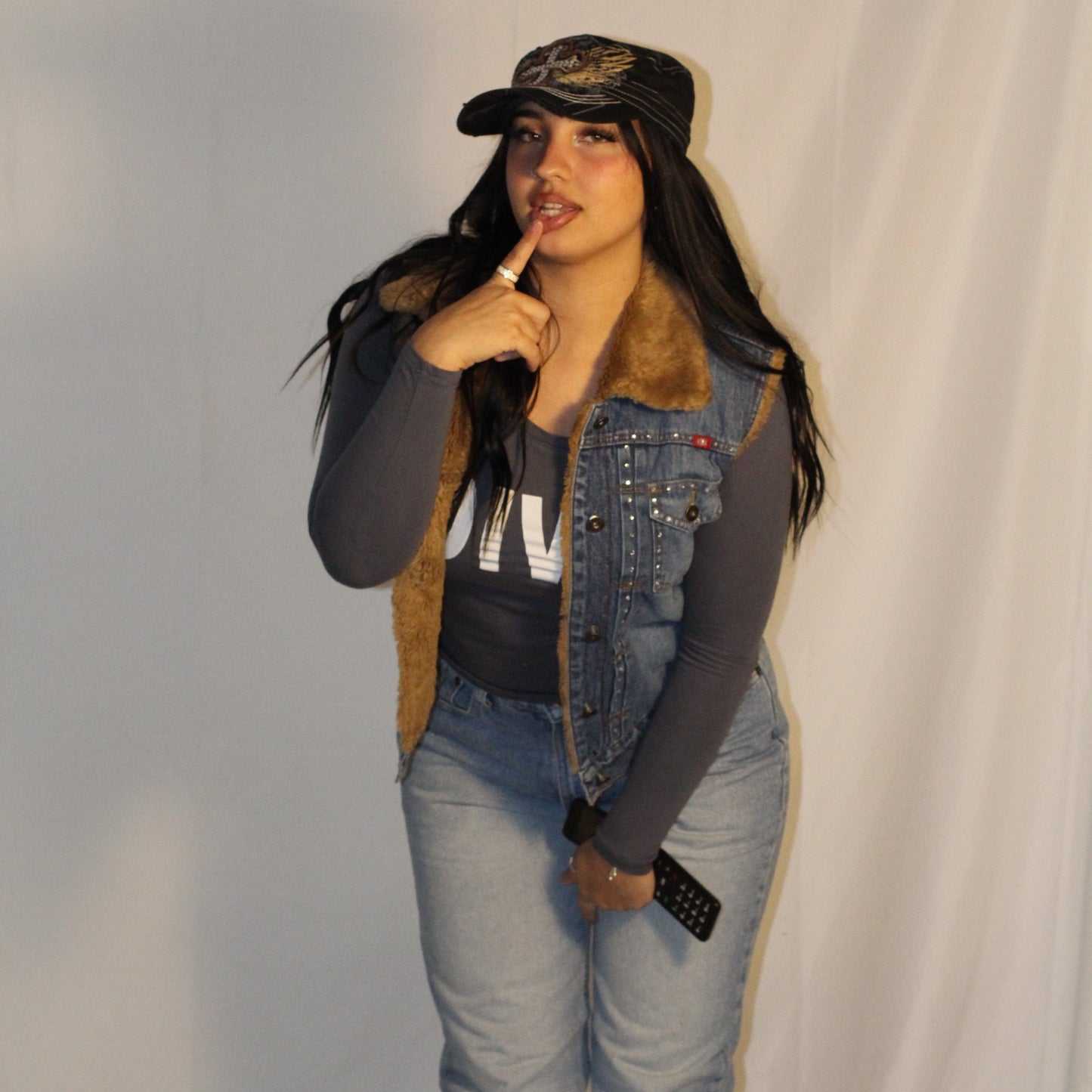 Aziza Jeans Studded Sherpa-Lined Denim Vest