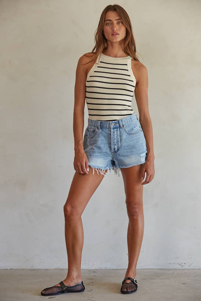 PREORDER Light Denim Distressed Shorts