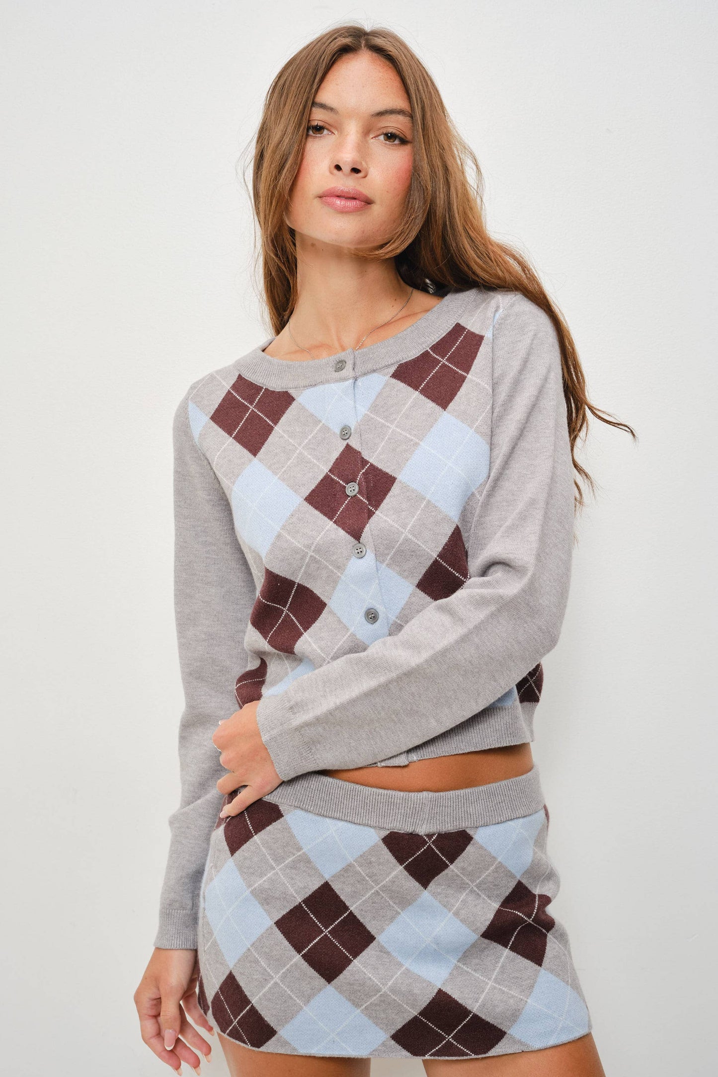 PREORDER PIPPA ARGYLE BUTTON UP CARDIGAN
