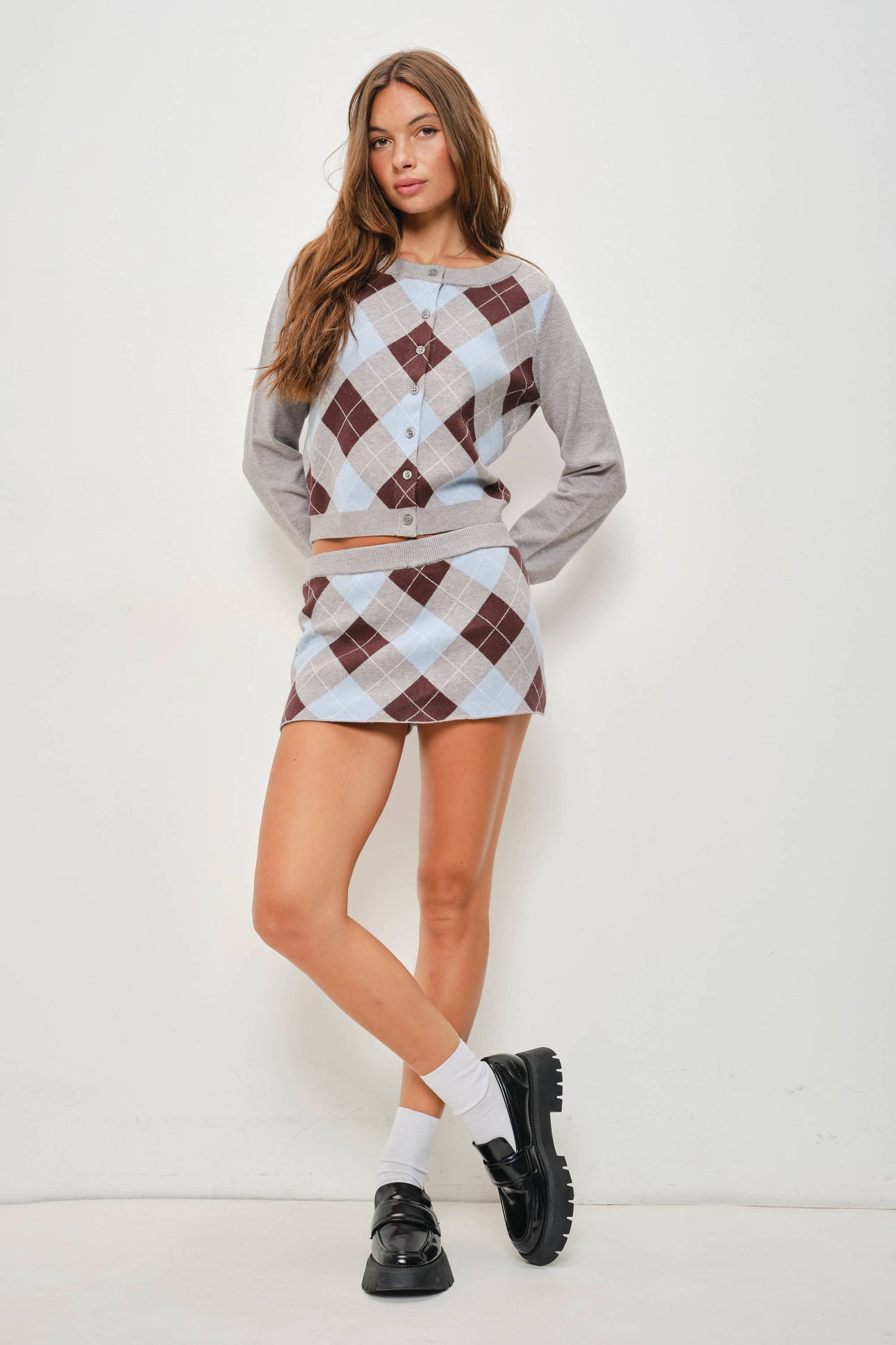 PREORDER PIPPA ARGYLE BUTTON UP CARDIGAN